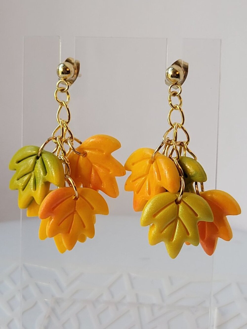 Fall Leaf Dangle Earrings | Polymer Clay Autumn Earrings | Orange & Green
